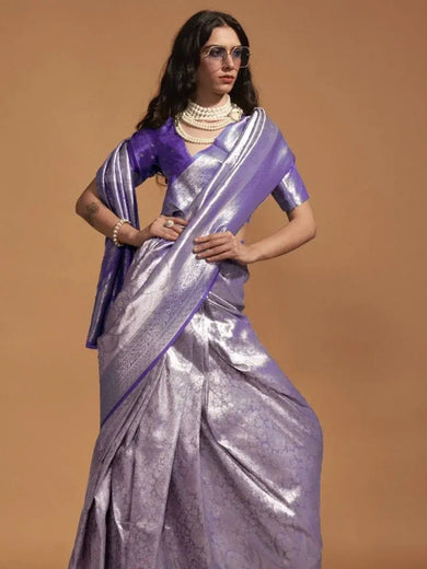 Wonderful Purple Zari Woven Silk Function Wear Saree With Blouse